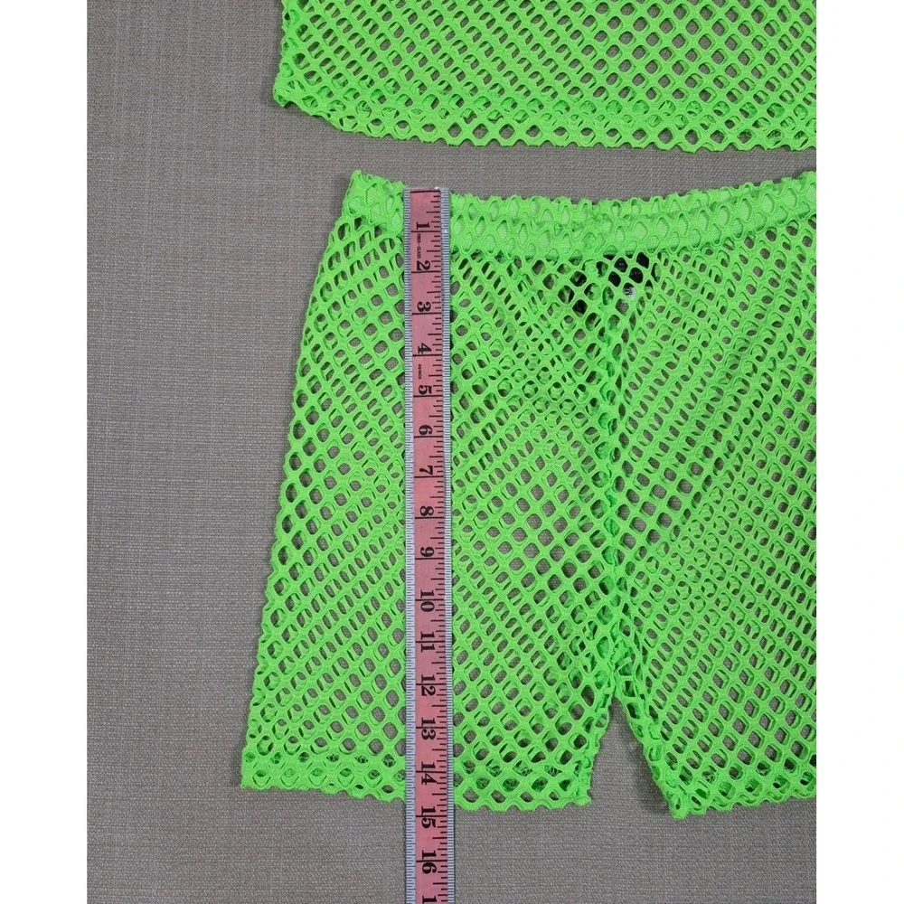 American Leisure Womens Neon Green Mesh Two Piece Set Crop Top Shorts Small NWT
